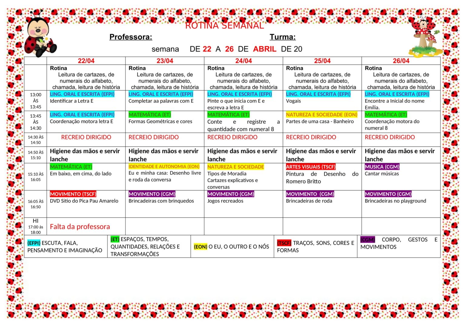 Plano semanal Ed. Infantil - Bncc - identificar a letra E, letra ...