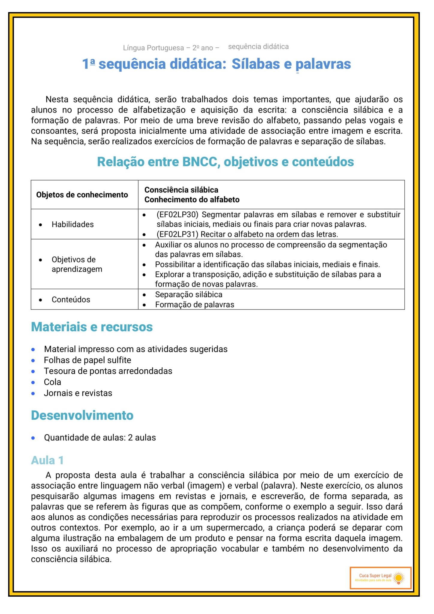 2º ANO - SEQUÊNCIA DIDÁTICA - BNCC - SÍLABAS E PALAVRAS - Cuca Super ...