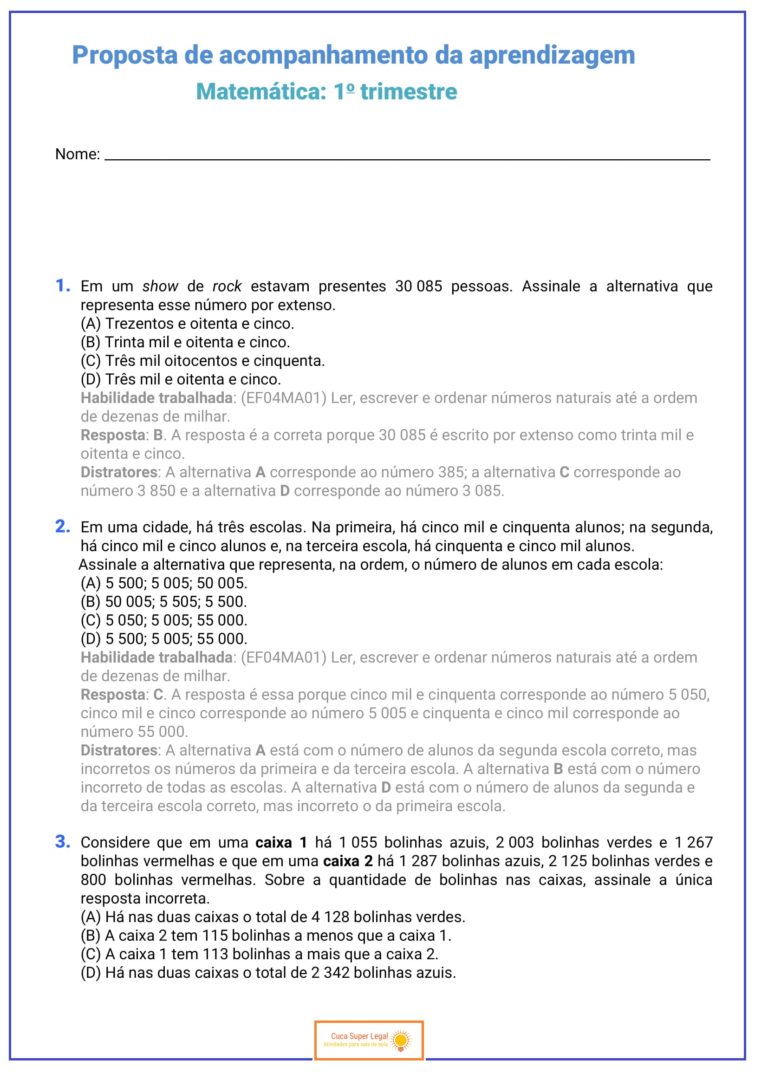 4º ANO - AVALIAÇÃO BIMESTRAL DE MATEMÁTICA - BNCC - Cuca Super legal ...