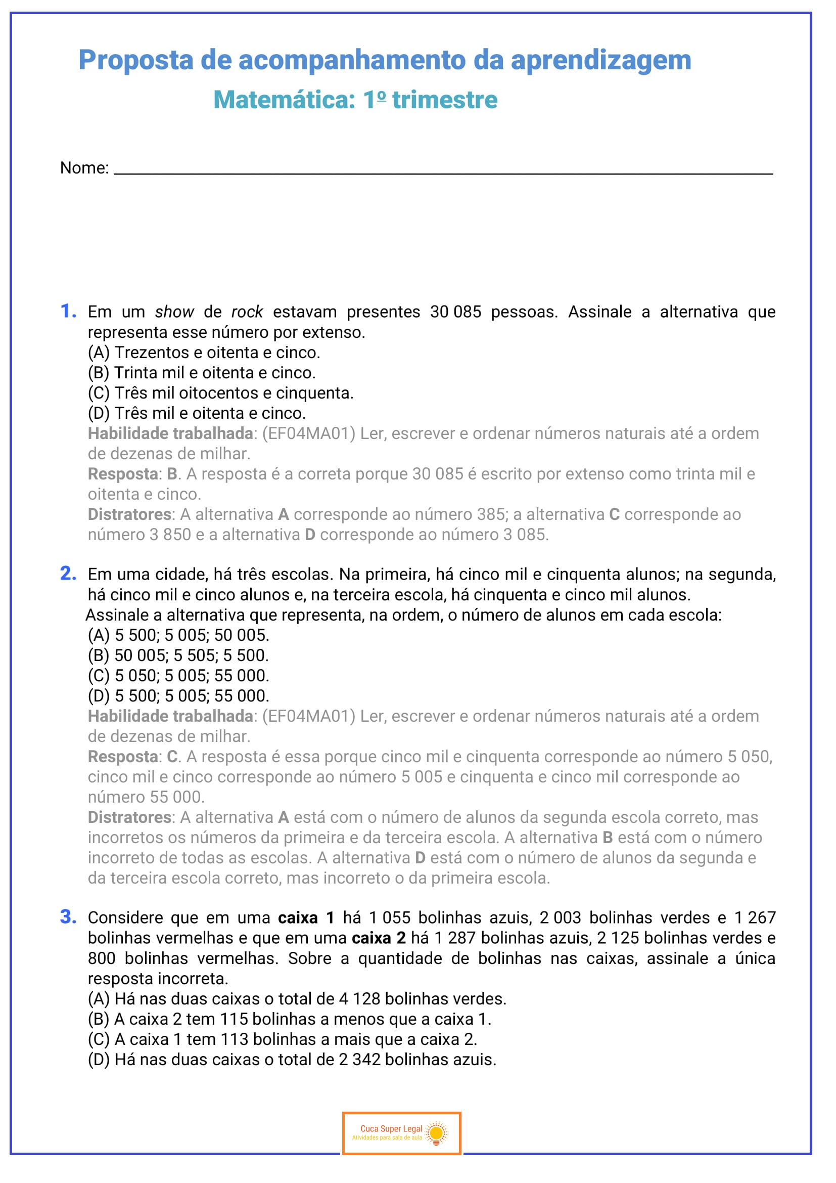 4º ANO - AVALIAÇÃO BIMESTRAL DE MATEMÁTICA - BNCC - Cuca Super legal ...