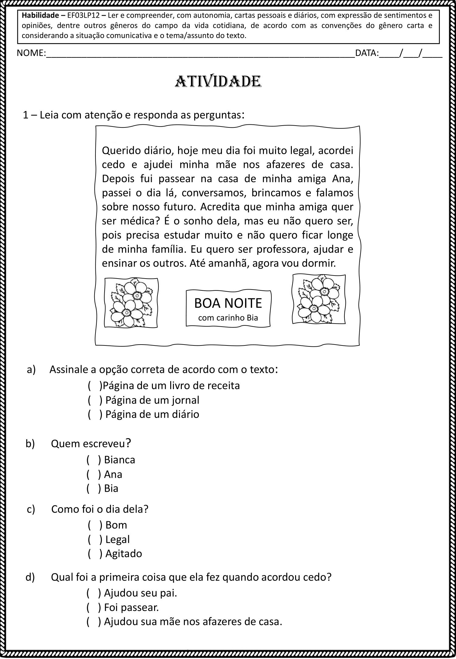 3º ANO - Atividades de leitura e interpretação de textos - Diário ...