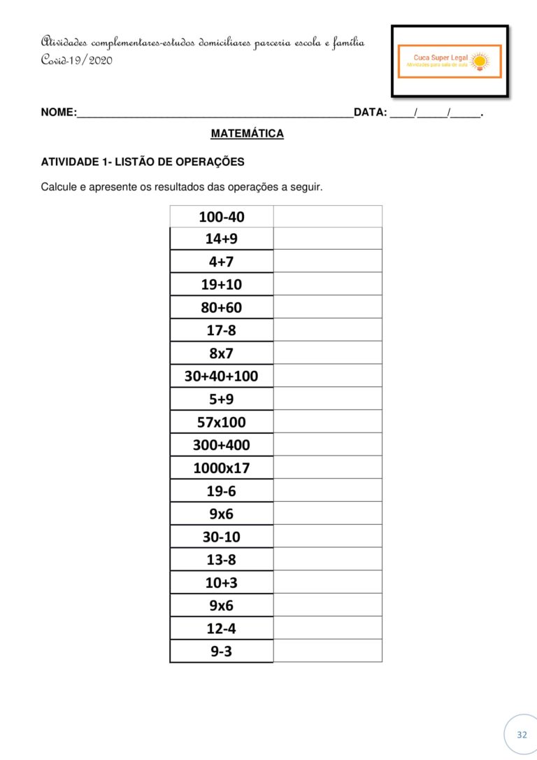 Ano Apostila De Atividades Complementares De L Ngua Portuguesa E Matem Tica Cuca Super