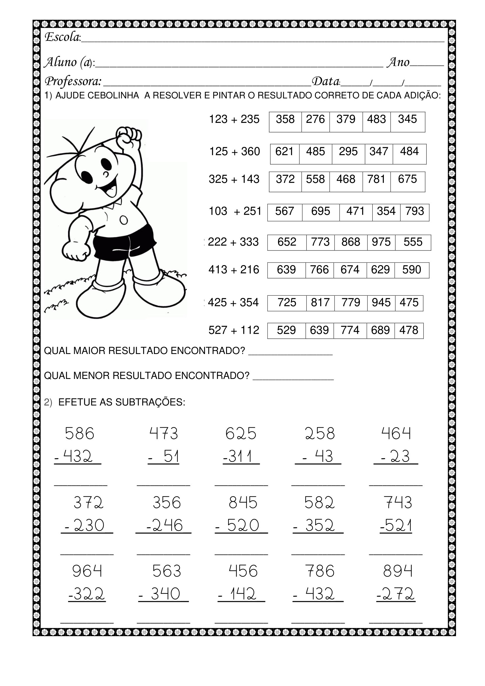 3º ANO - atividades de matemática envolvendo adição e subtração com ...
