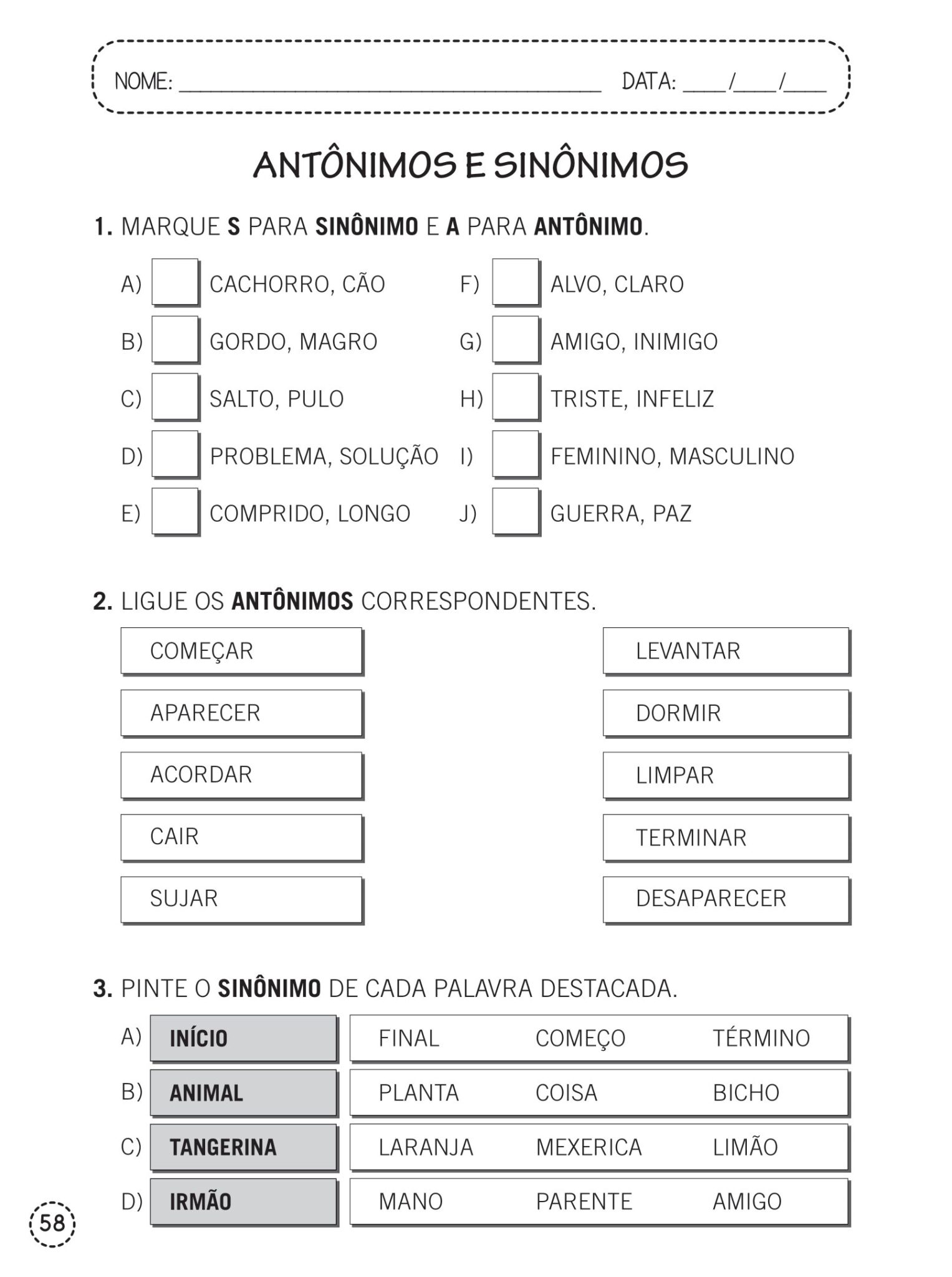 1º e 2º ano - Atividades de língua portuguesa - Antônimo e sinônimo ...