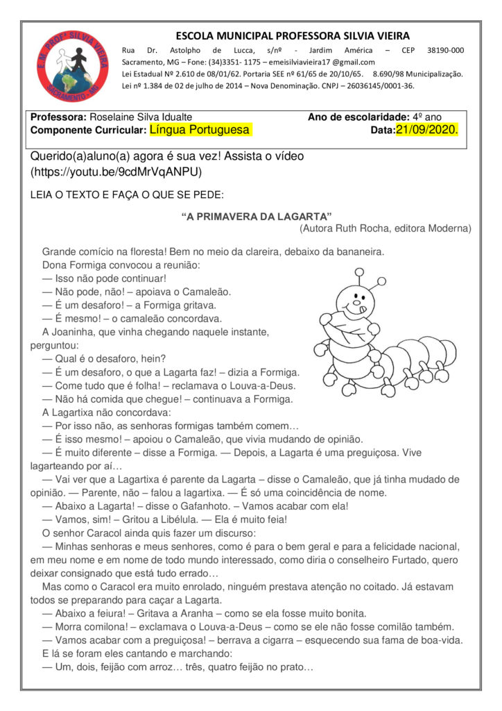 Ano Plano De Aula E Atividades De L Ngua Portuguesa Leitura E Interpreta O De Textos