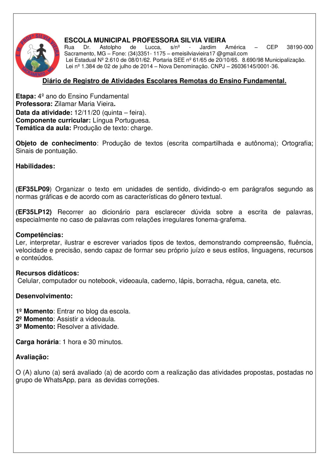 4º ANO - PLANO DE AULA E ATIVIDADES DE LÍNGUA PORTUGUESA/ PRODUÇÃO DE ...