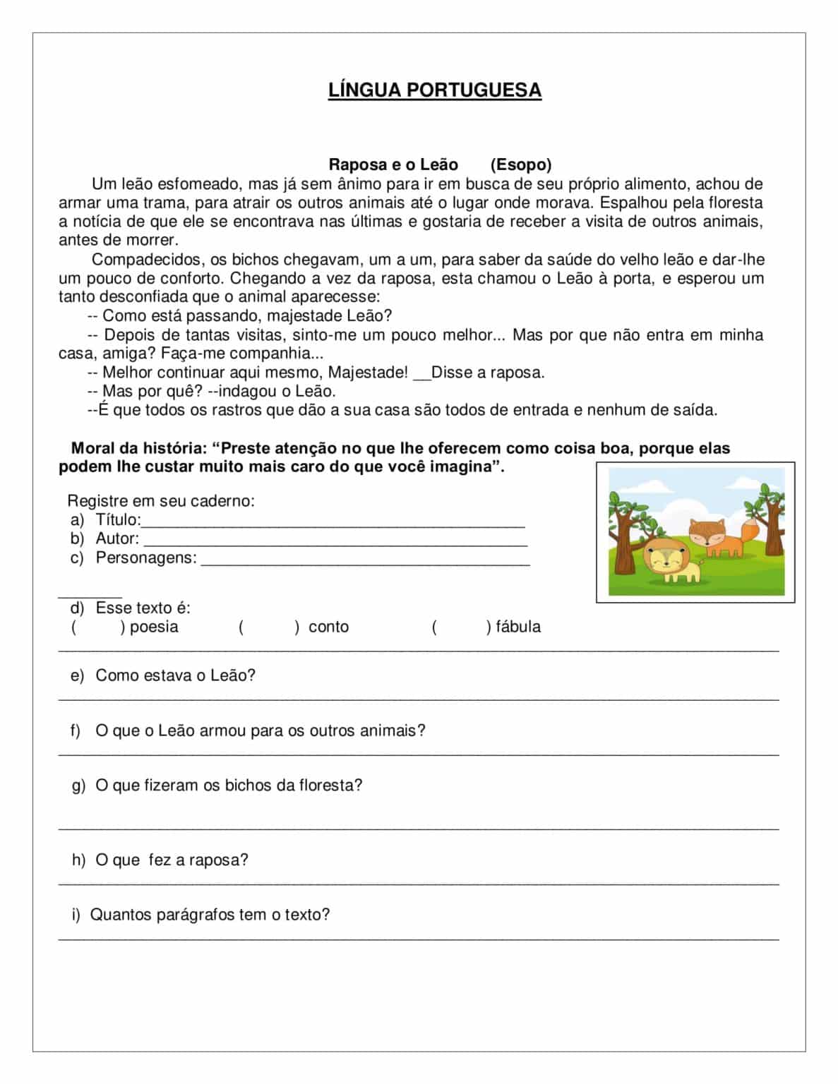 3º e 4º ano - ATIVIDADES DE LEITURA E INTERPRETAÇÃO DE TEXTOS; A Raposa ...