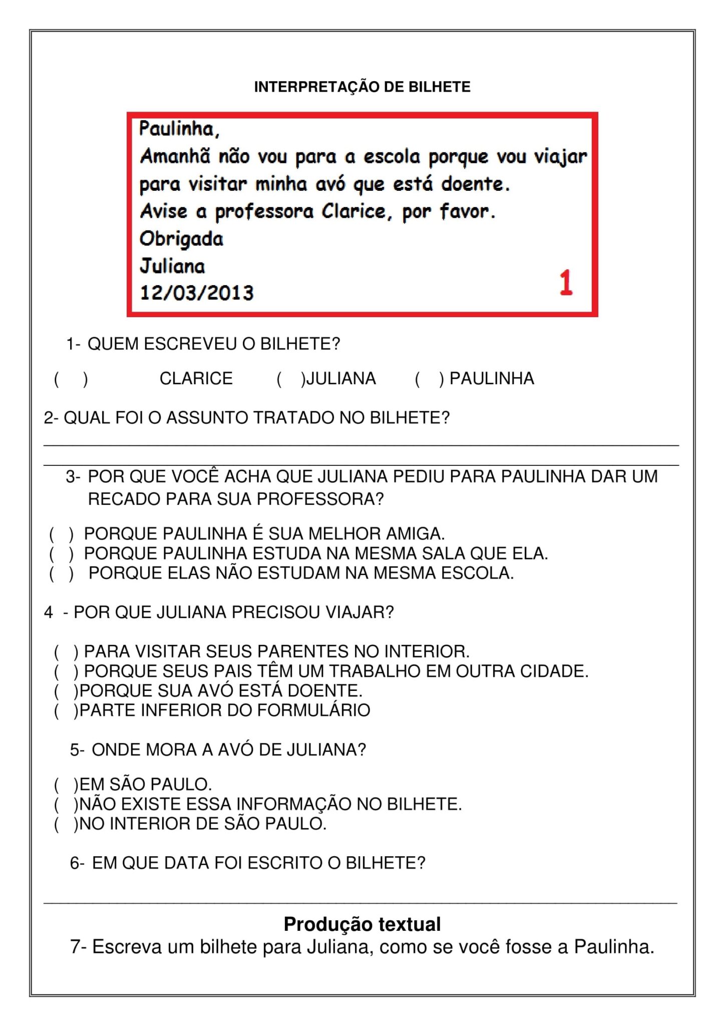 3º ano - ATIVIDADES DE LEITURA E INTERPRETAÇÃO DE BILHETE E TIRINHA ...