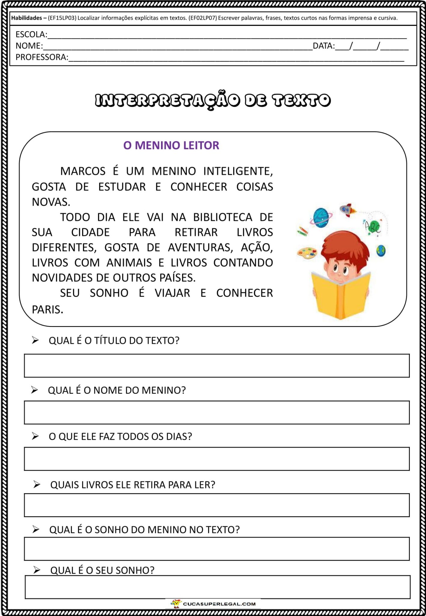 º º ANO lEITURA E INTERPRETAÇÃO DE TEXTO com códigos da BNCC Cuca Super legal