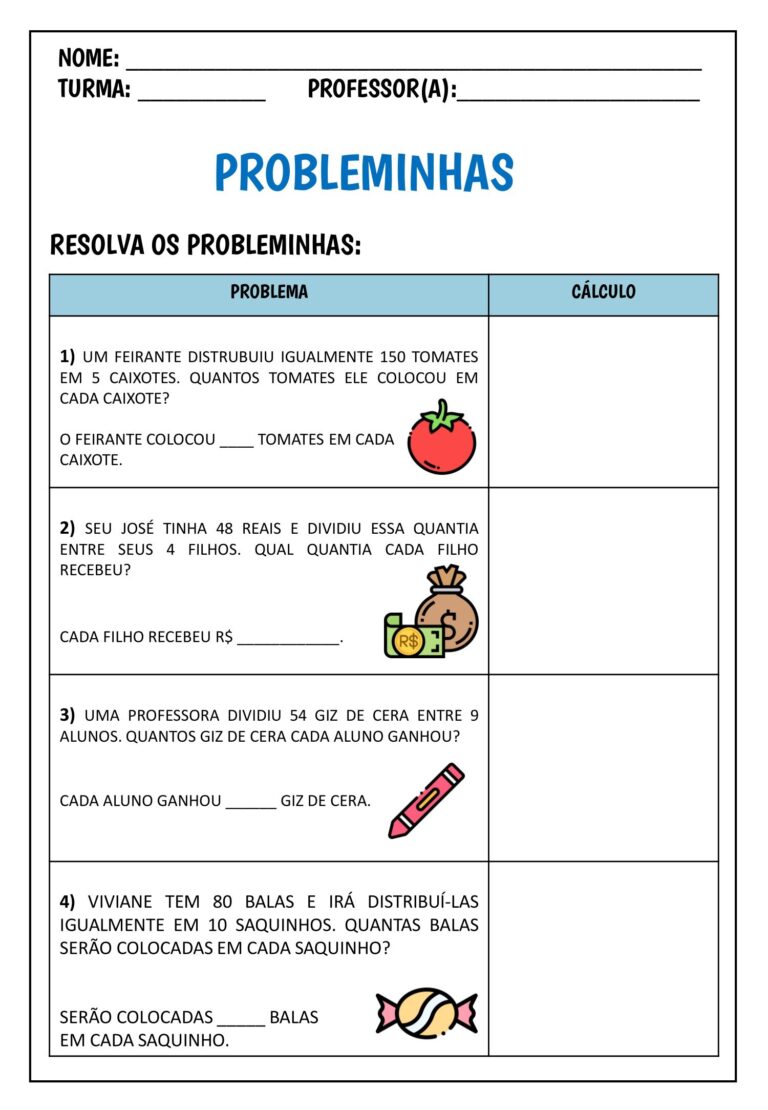 3º ao 5º ano - Probleminhas de divisão e multiplicação para imprimir ...