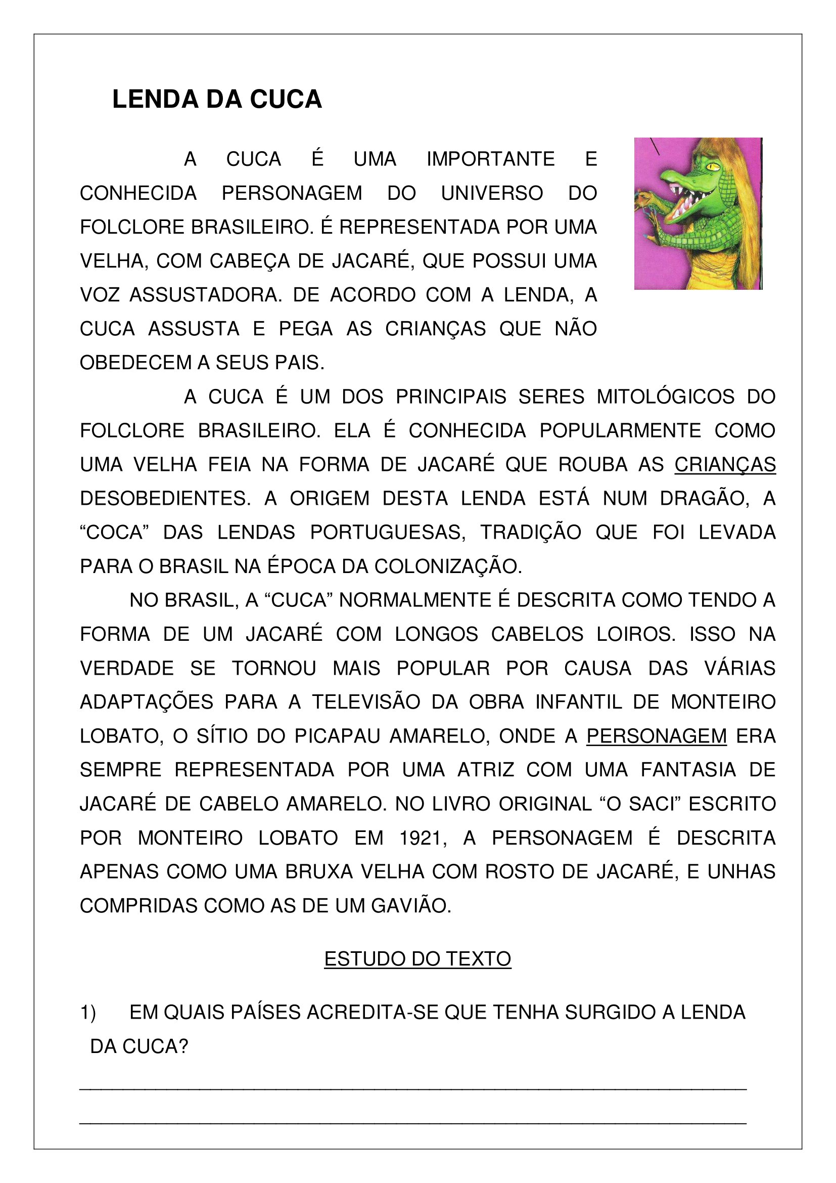 3º Ao 5º Ano Lenda Da Cuca Atividades De Leitura E Interpretação De Texto Cuca Super Legal 1311