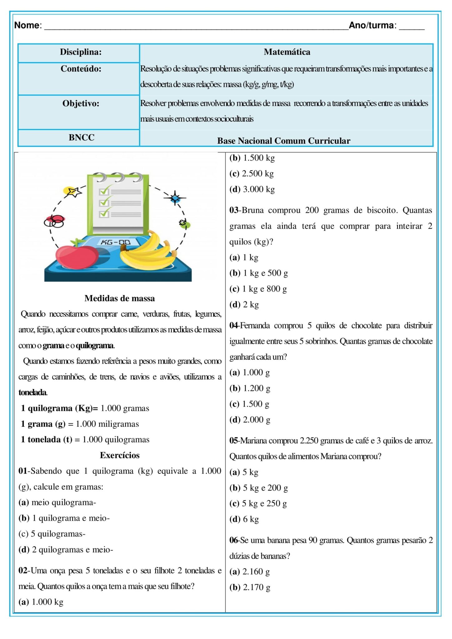 5º ANO - Atividades envolvendo situações problema - medidas de massa ...
