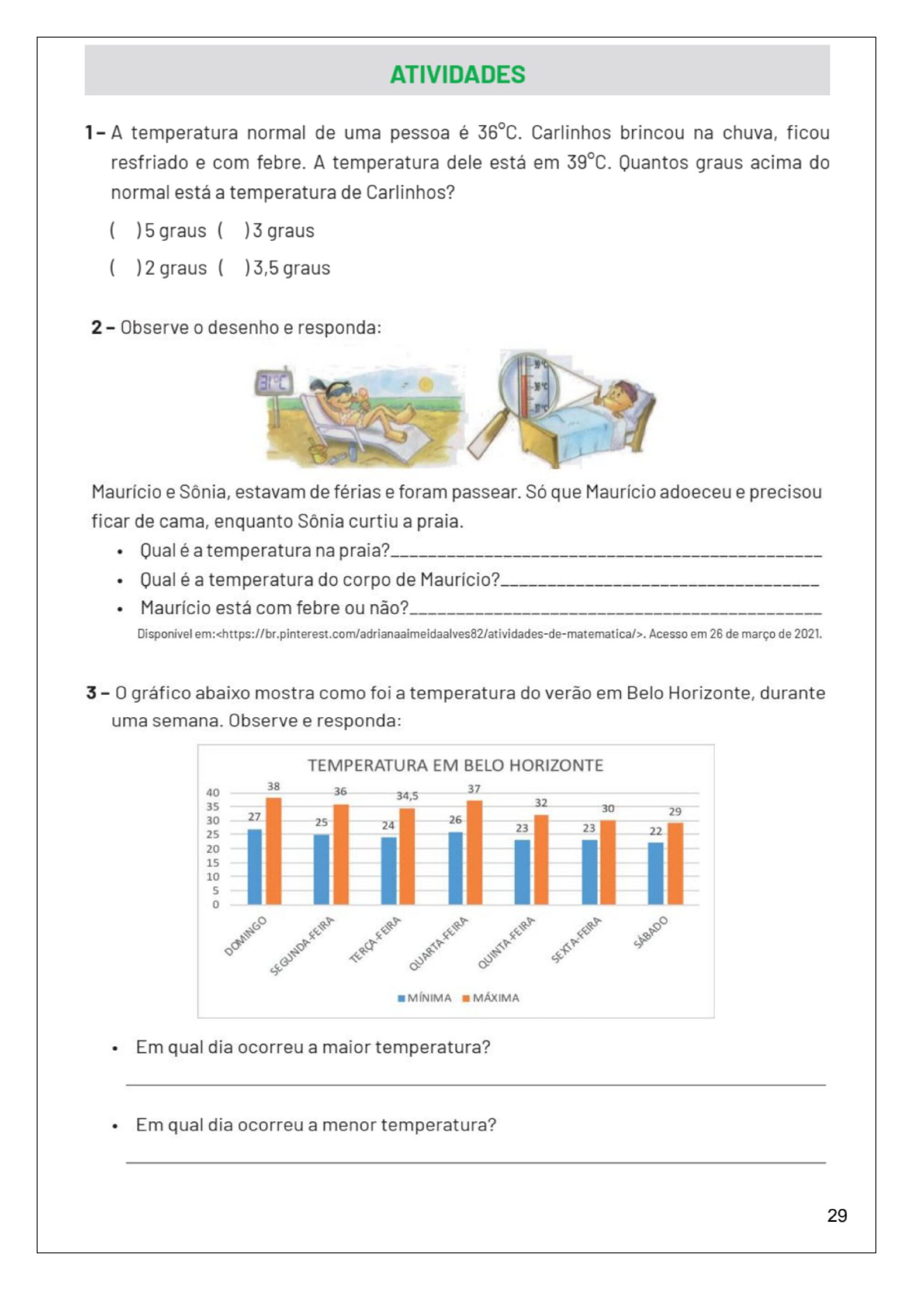 4º ano - Atividades de matemática - medida de temperatura - Cuca Super ...