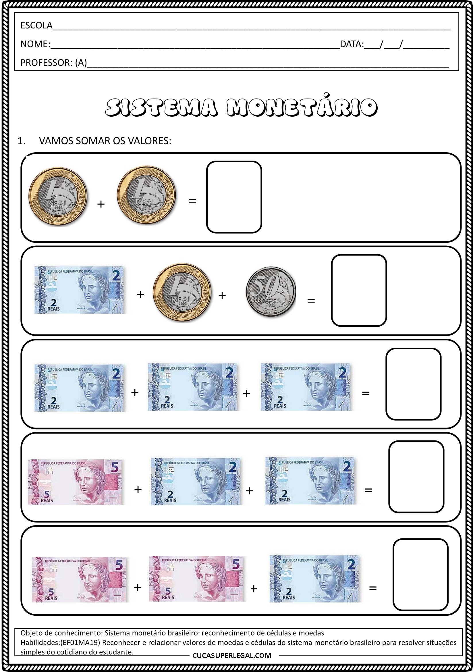 1º ANO - Atividades de matemática - Sistema monetário ( com habilidades ...