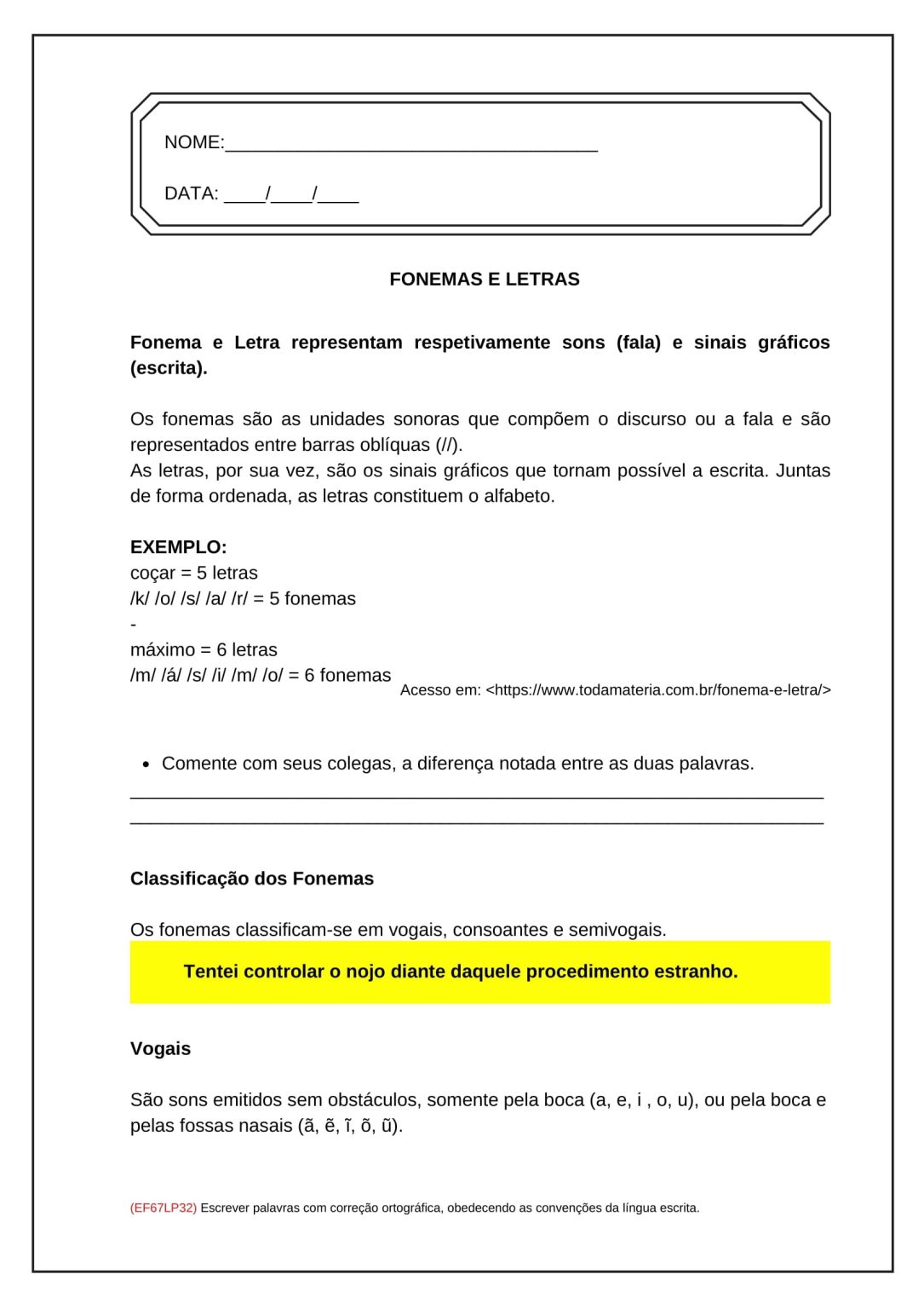 6º ANO - Atividade de língua portuguesa - fonemas e letras - Cuca Super ...