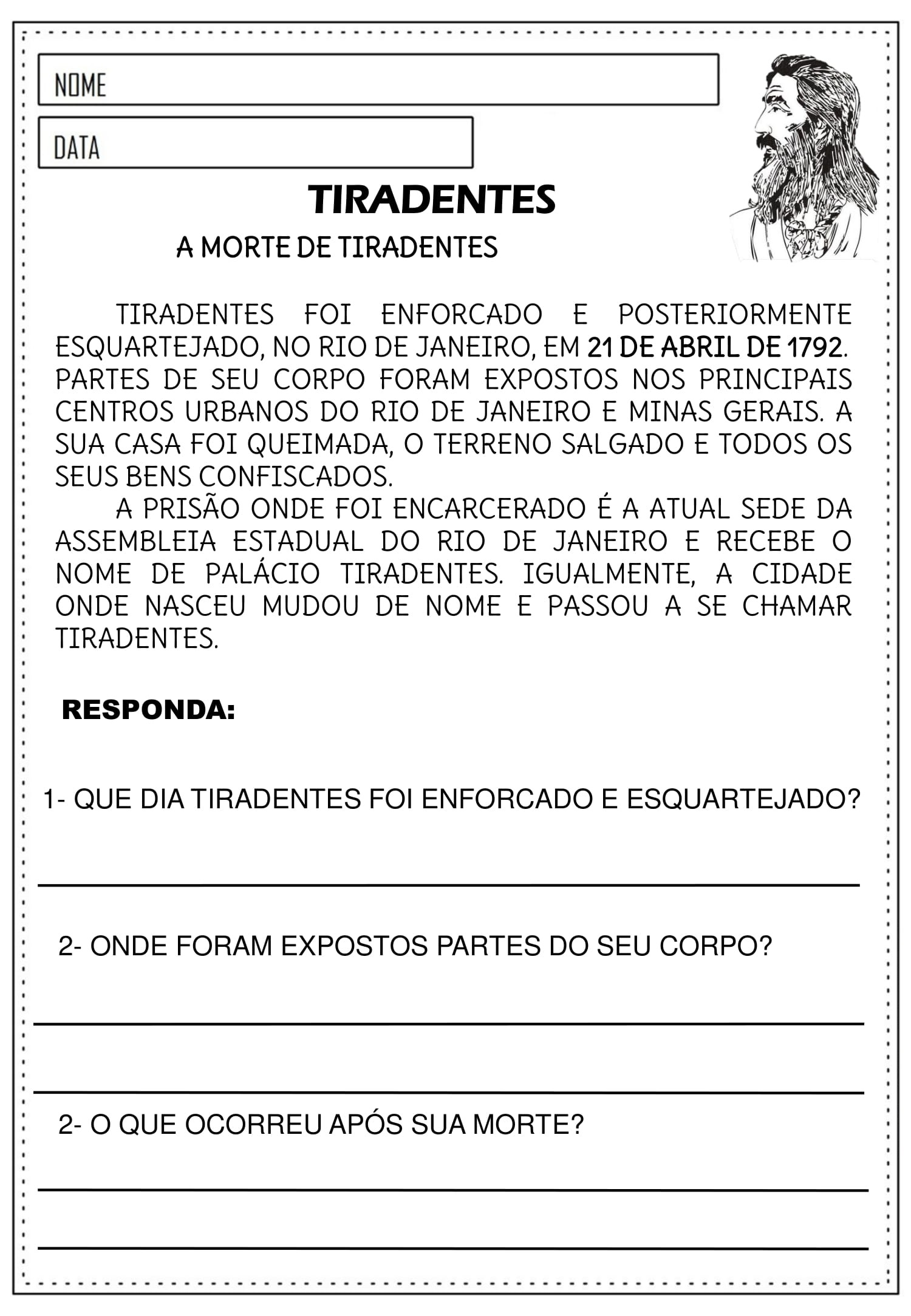 2º, 3º e 4º anos - Atividades sobre TIRADENTES - Cuca Super legal ...