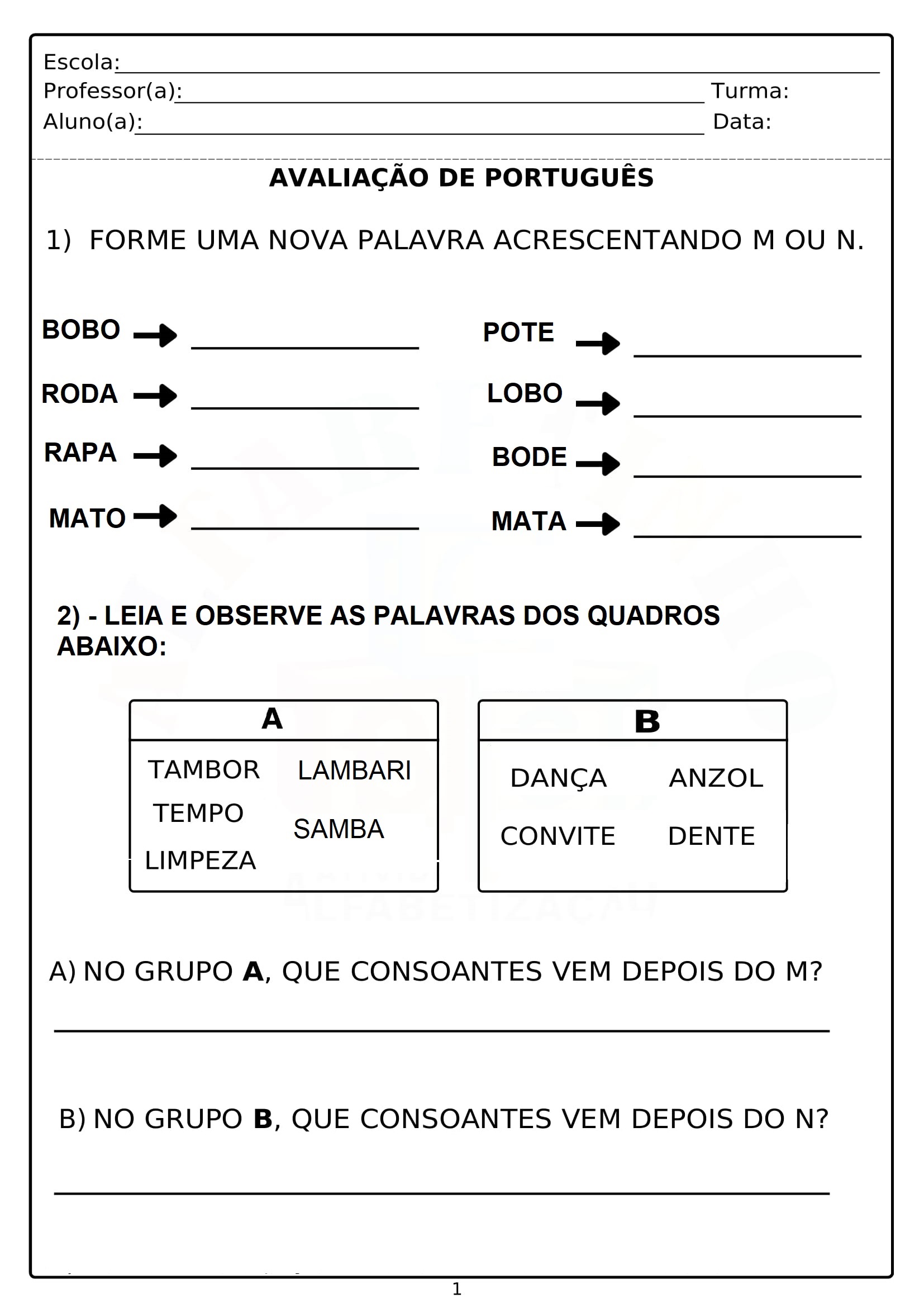 4º ANO - AVALIAÇÃO BIMESTRAL DE LÍNGUA PORTUGUESA - 2º BIMESTRE - Cuca ...